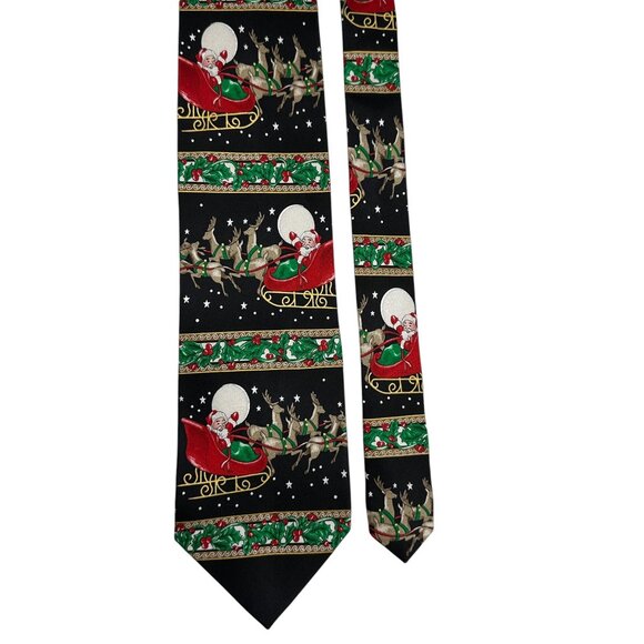 Christmas Novelty Silk Tie With Santa & Reindeer Sleigh Design Holiday Festive - Picture 1 of 8